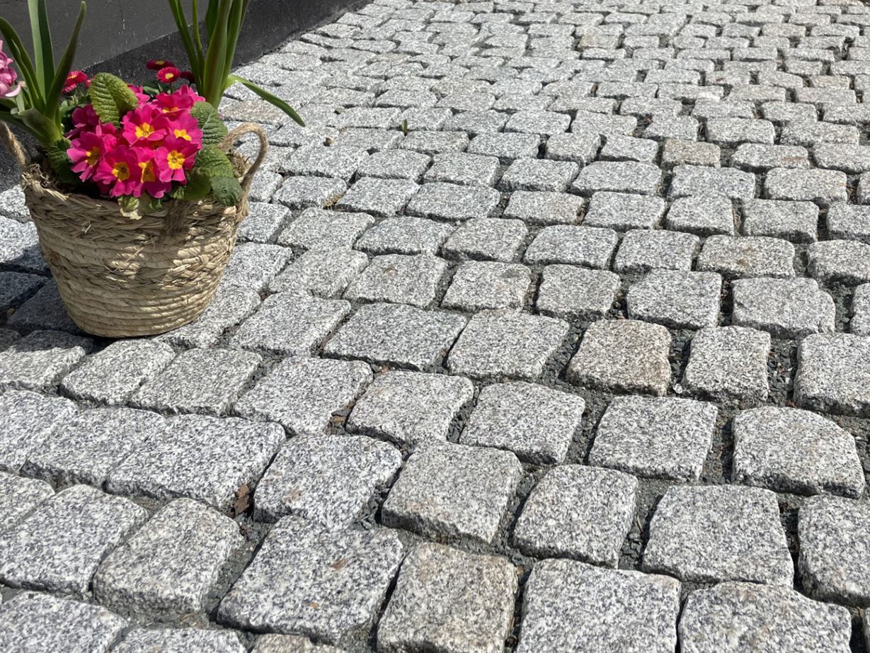 Pflastersetein_Granit Silver_Rustice_Einfahrt_nah_Blumen