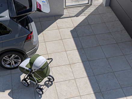 Einfahrt mit Steinoptikplatten Classic Beige 3cm mit Auto und Kinderwagen