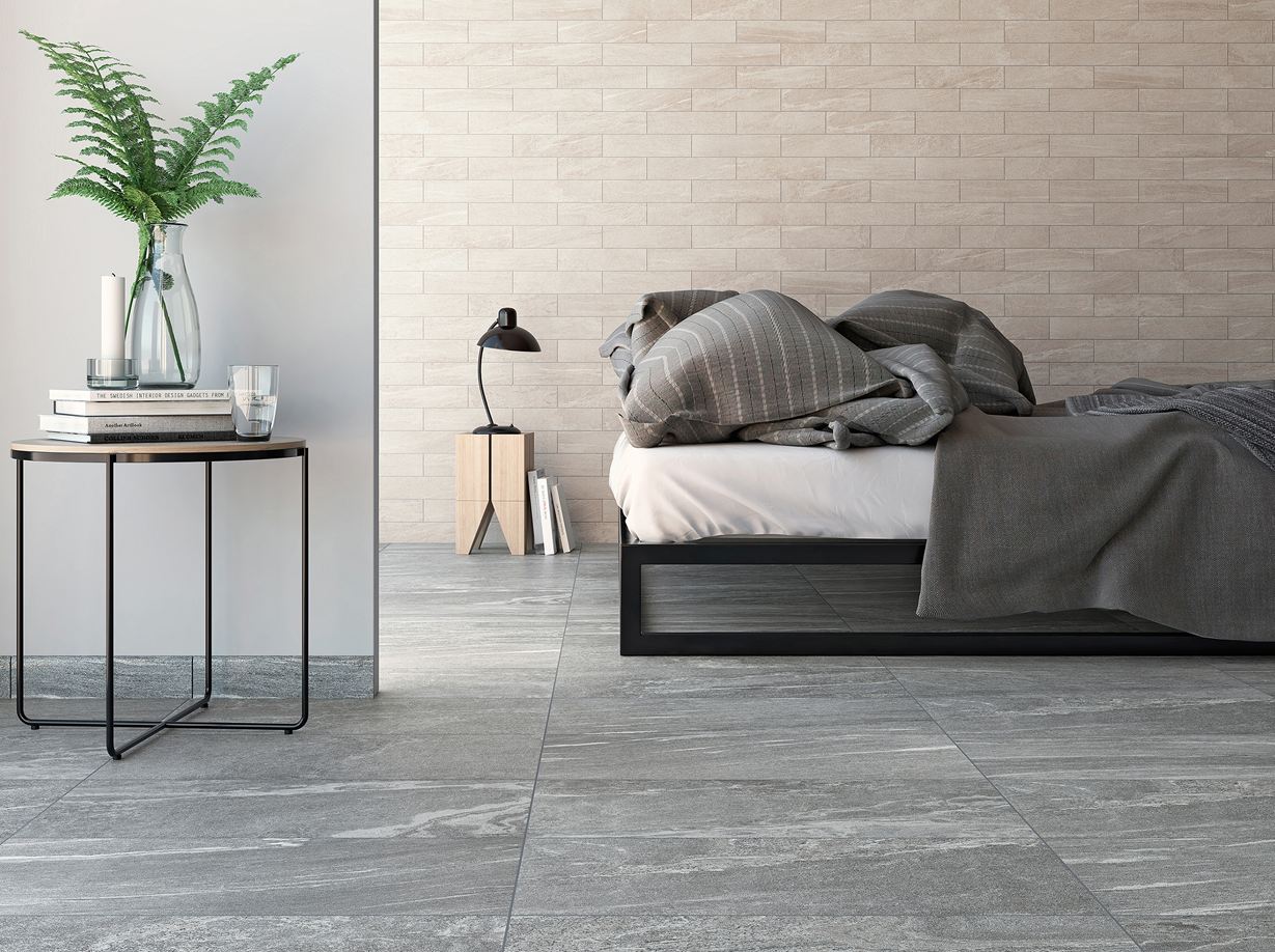 Schlafzimmer mit Granitoptik-Fliesen Dolomit Silver